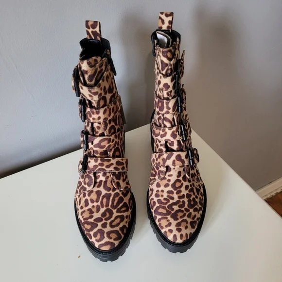Design Lab Electra Leopard Print Buckle Strap Combat Boots, BNWT, Size 7 - Picture 2 of 8